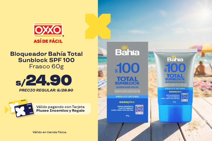 BLOQUEADOR BAHÍA TOTAL SUNBLOCK SPF 100 FRASCO 60G A S/24.90.PRECIO REGULAR:S/29.90